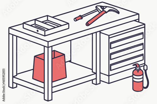 Garage workbench with oily rags in a sealed metal bin and proper extinguisher class labels visible, modern flat illustration style