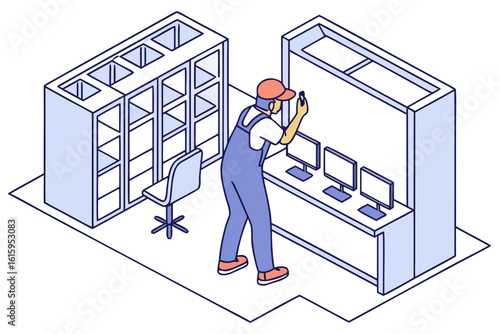 InternetCafe owner replacing counterfeit chargers and labeling emergency power cutoffs, modern flat illustration style