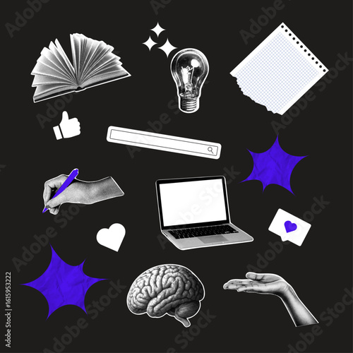Retro Halftone Sticker Set – Brain, Laptop, Hand, Light Bulb and Icons