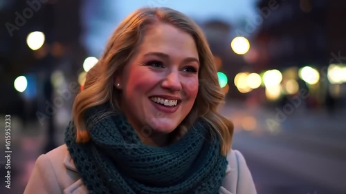 Wallpaper Mural Smiling Woman at Dusk with Bokeh Lights Torontodigital.ca