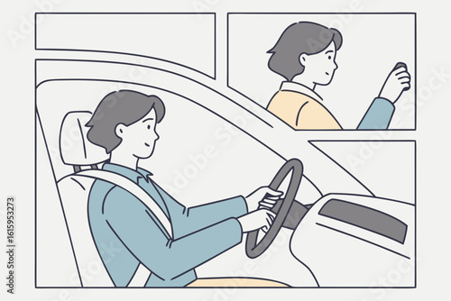 Moments before ignition, a clear sequence of mirror check, seat adjustment, and seatbelt click, modern flat illustration style