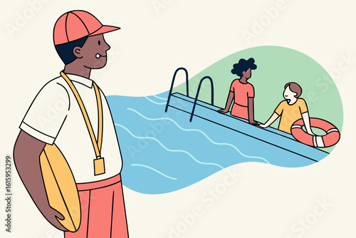 Monitor pool party with designated water watcher wearing a visible tag for Drowning prevention, modern flat illustration style