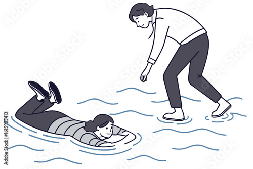 Observe signs of silent struggle like head low in water and glassy eyes to trigger Drowning prevention intervention, modern flat illustration style