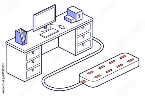 Office workstation with overloaded power strips being replaced by certified surge protectors, modern flat illustration style