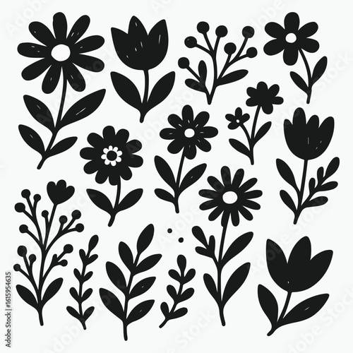 Bold floral silhouette vector set – black solid flower and leaf shapes for crafts, vinyl cutting, Cricut designs, wall art, stickers, and digital decoration.

