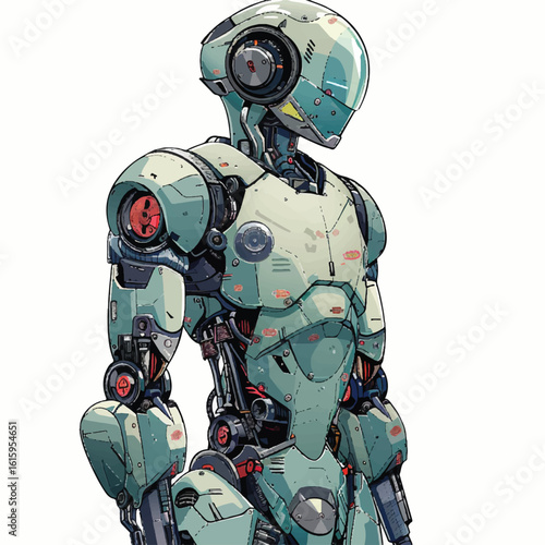 Detailed teal robot with red accents and a transparent helmet standing at attention