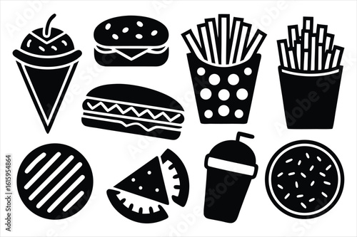 Collection of fast food icons including burgers fries ice cream and pizza silhouette isolated on white background