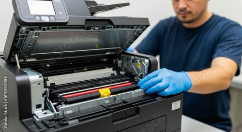 printer repair technician replacing toner, inner machine exposed, face out of shot