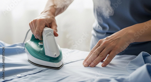 A close-up of a person ironing a blue shirt. The individual has light skin and is focused on smoothing out wrinkles with a steam iron.