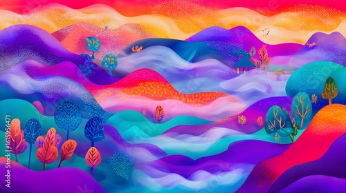 Abstract watercolor wave illustration with colorful sky, sea, and ocean design