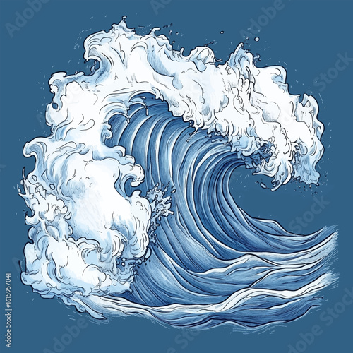 The majesty of the ocean, a dynamic illustration of a sea wave. The illustration depicts a mighty sea wave swirling into a vortex of foam and water.