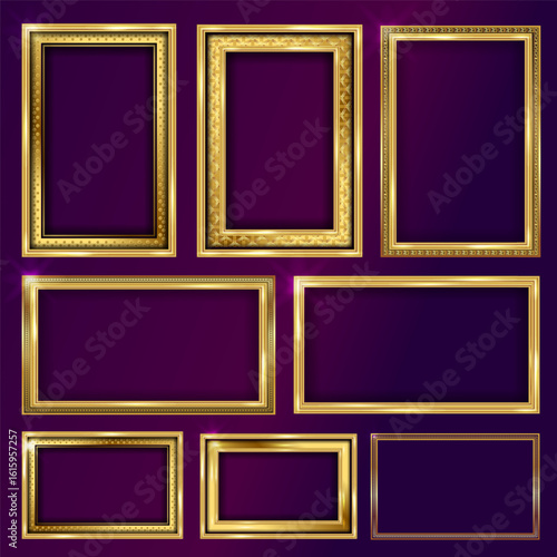 Empty painting or picture frame with golden engraved and carved wooden borders. Set of decorative retro ornamental detailed picture frames. Old classic vector baroque golden frames collection.	
