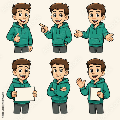 Cartoon boy character set in hoodie with different poses and gestures – thumbs up, pointing, holding sign, waving – vector illustration for animation.