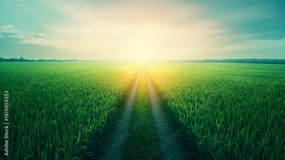 Fototapeta premium Dirt road through green field at sunset