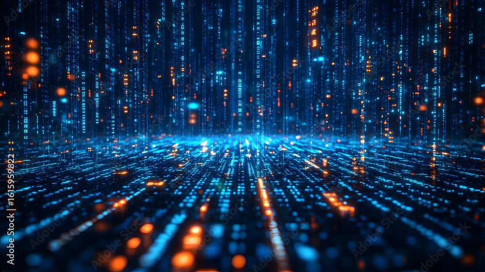 Obraz premium Abstract digital data stream visualization; blue and orange particles falling on dark background.