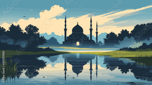 Serene Islamic mosque silhouette reflected in tranquil water, set against a dreamy sky with lush green landscape