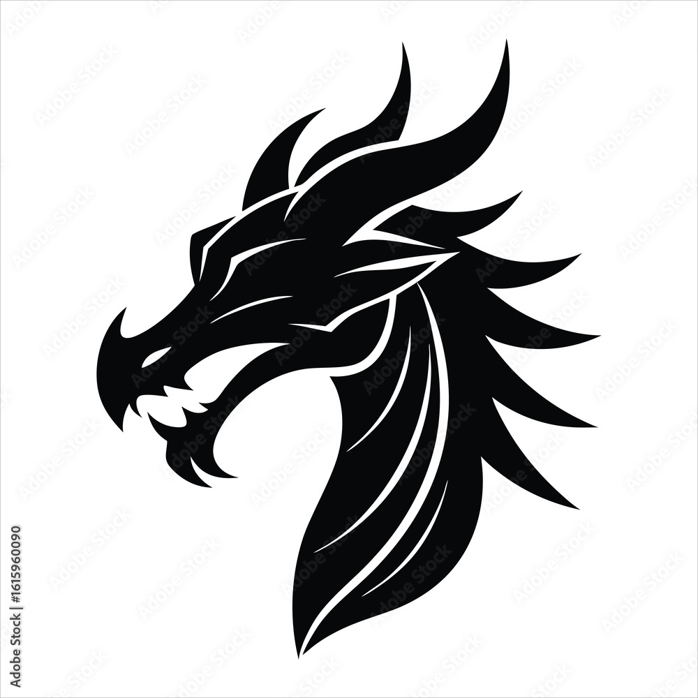 Obraz premium Fierce black dragon head silhouette isolated on white background
