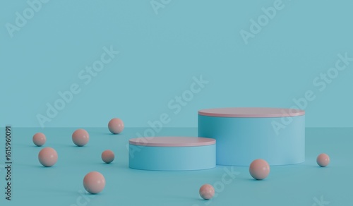 Blue product presentation platform, podium stand with balls
