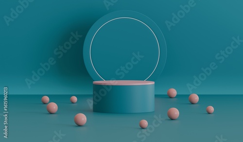 Blue product presentation platform, podium stand with balls