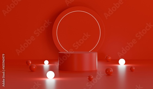 red product presentation platform, podium stand neon lights with small balls glowing