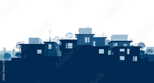 Modern architectural silhouette of urban homes with minimalist design and subtle blue hues, evoking contemporary city living.