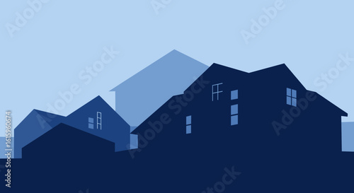 Modern minimalist silhouette of suburban homes in calming blue tones, evoking peaceful neighborhood living and residential dreams.