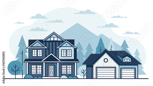 Charming suburban homes nestled against a backdrop of serene mountains and whispering pine trees under a cloudy sky.