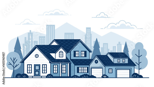 Charming suburban homes nestled against a backdrop of modern city skyscrapers and distant mountains under a cloudy sky