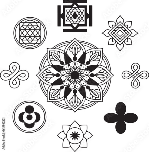 Multi-Faith Festival Icon Set – Islamic, Hindu, Buddhist Line Art Vector