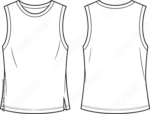 
Side Slit Tank Top Flat Sketch, Front and Back Vector Fashion CAD, Unisex Muscle Shirt Technical Drawing, Minimalist Apparel Design