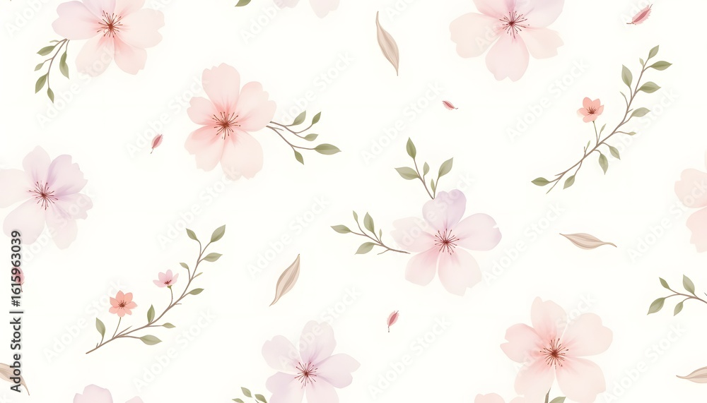 Fototapeta premium A repeating pattern of delicate floral illustrations rendered in soft watercolor washes