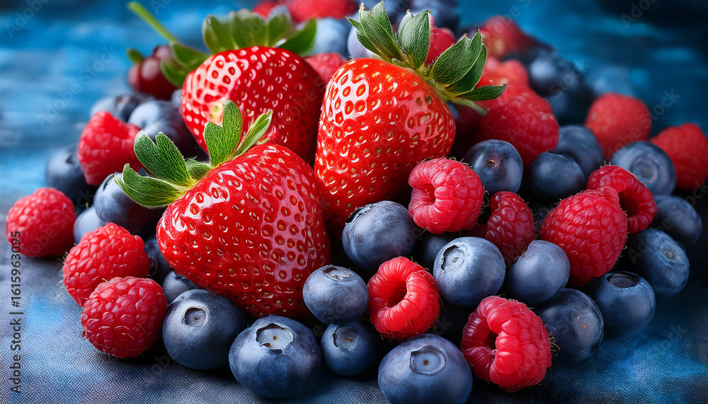 Obraz premium a vibrant and delicious mix of fresh red strawberries ripe blue blueberries and juicy red raspberries is captured in a close up image