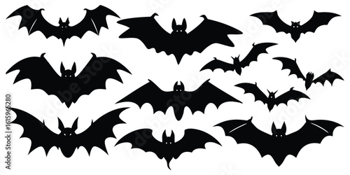 Collection of flying bat silhouettes isolated on white background