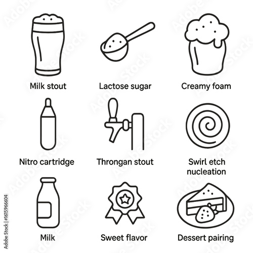 Craft Beer Icons. Outline style icons of Craft beer: milk stout glass, lactose sugar scoop, creamy foam head, nitro cartridge pin,
