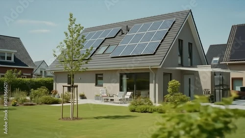 Contemporary house featuring rooftop solar panels and a vibrant green lawn, symbolizing sustainable living.