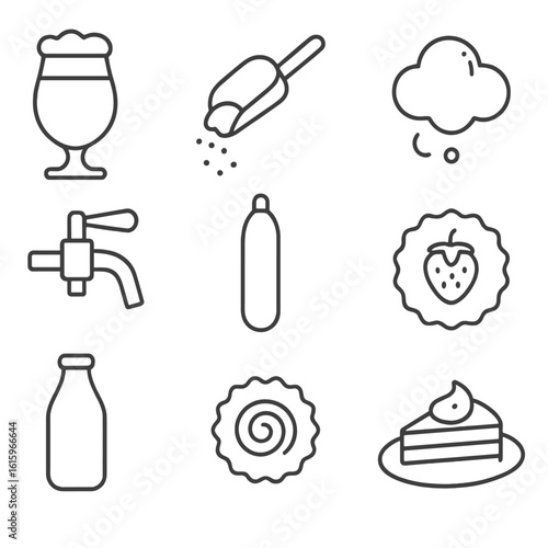 Craft Beer Icons. Outline style icons of Craft beer: milk stout glass, lactose sugar scoop, creamy foam head, nitro cartridge pin,