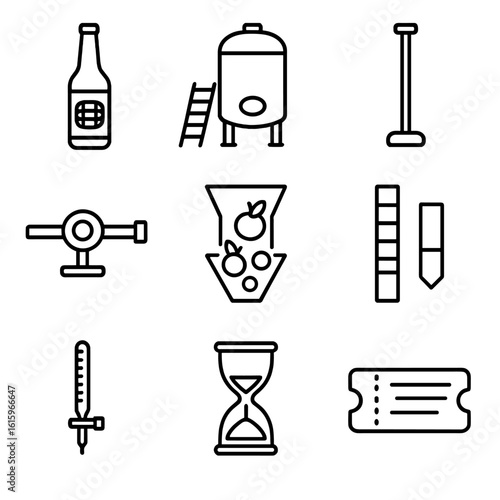 Craft Beer Icons. Outline style icons of Craft beer: barrel-aged sour bottle, foeder catwalk ladder, punch down plunger, stainless