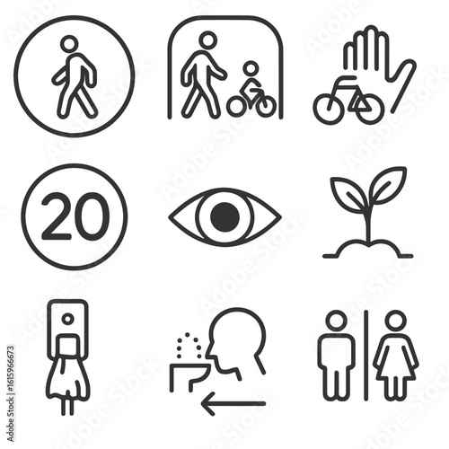 Public Signage Icons. Outline style icons of Public signage: pedestrian zone street, shared space icon, cyclists yield hand, slow