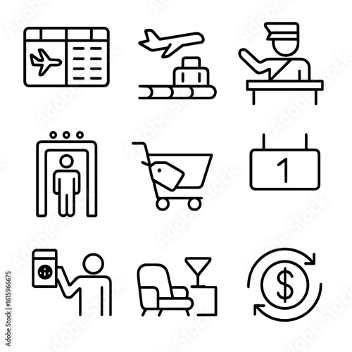 Airport Signage Icons. Outline style icons of Public signage: airport departures board, arrivals baggage claim, customs control