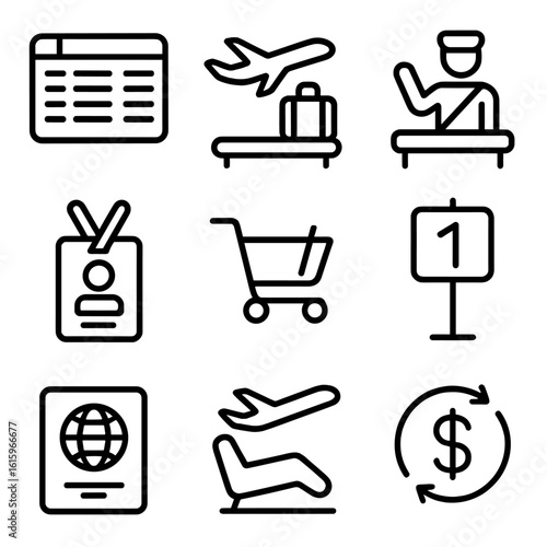 Airport Signage Icons. Outline style icons of Public signage: airport departures board, arrivals baggage claim, customs control