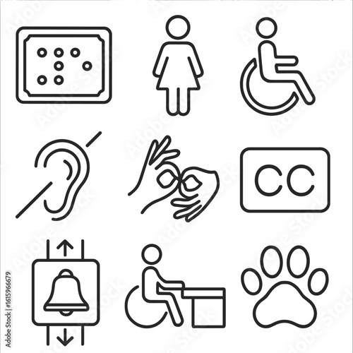 Accessibility Icons Collection. Outline style icons of Public signage: braille information plaque, tactile restroom sign, raised
