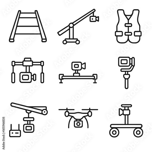 Camera Movement Icons. Line style icons of Camera Movements: dolly track, crane arm, steadycam vest, handheld rig, slider carriage