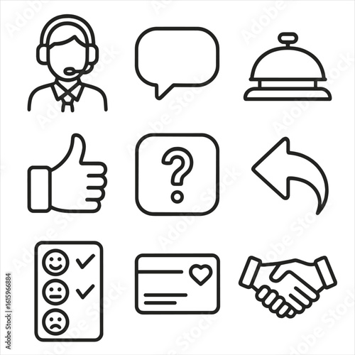 Customer Service Icons. Line style icons of Customer Service Symbols: headset agent, chat bubble, help desk bell, thumbs up,