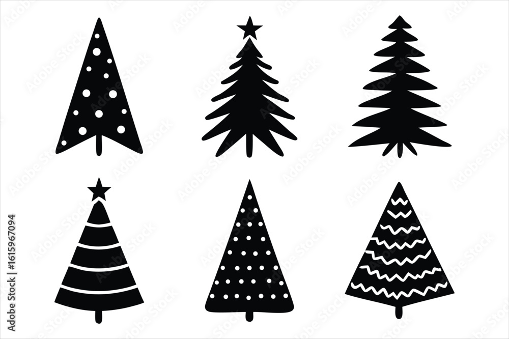 Fototapeta premium Collection of six stylized black christmas tree silhouettes isolated on white background