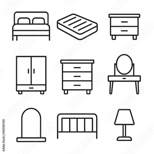 Bedroom Furniture Icons. Line style icons of Bedroom Furniture: bed frame, mattress, nightstand, wardrobe, dresser, vanity table,