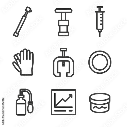 Suspension Fork Icons. Line style icons of Suspension Fork Service: shock pump, fork seal driver, oil syringe, nitrile gloves,
