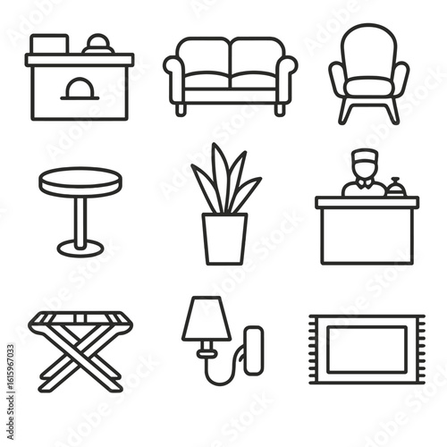 Hotel Lobby Icons. Line style icons of Hotel Lobby Furniture: reception desk, lounge sofa, accent chair, side table, floor planter
