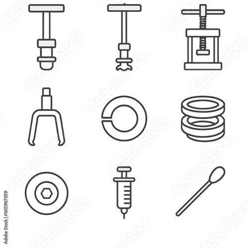 Headset Maintenance Icons. Line style icons of Headset Maintenance: crown race setter, star nut setter, bearing press, headset cup