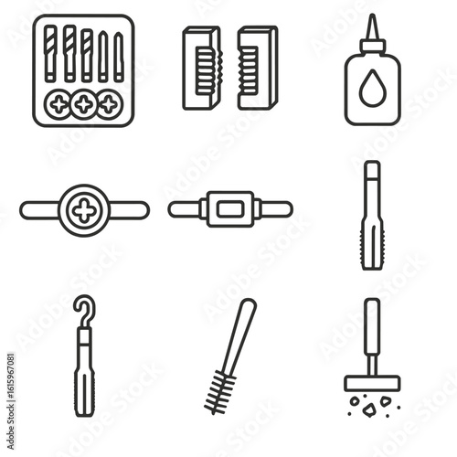 Thread Cutting Icons. Line style icons of Thread Cutting and Tapping: frame tap set, thread chase guides, cutting oil bottle, die