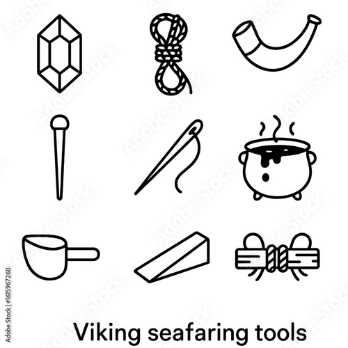Viking Seafaring Icons. Line style icons of Viking Seafaring Tools: sunstone crystal, knotted log rope, sounding horn, tiller pin,